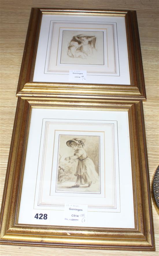 Lady Diana Beauclerk (1734-1808), two watercolours, Little girl walking towards a bird and Two little girls, 11.5 x 7.5cm and 11 x 10cm